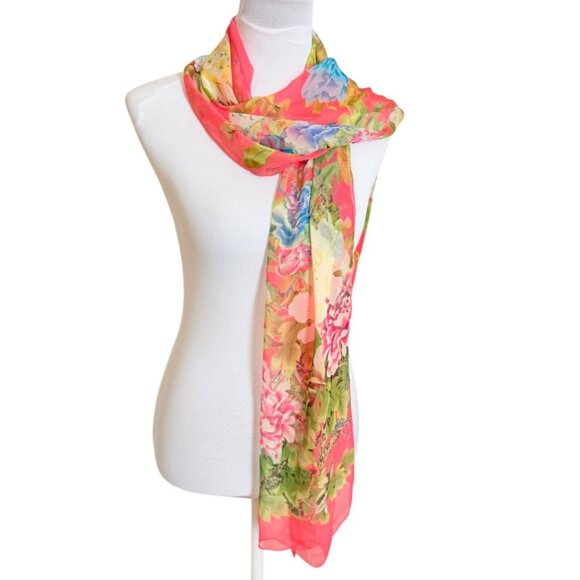 Summer Floral Garden Scarf Wrap Coral Chiffon Lightweight Sheer Silk-Feel Fabric - Picture 4 of 12